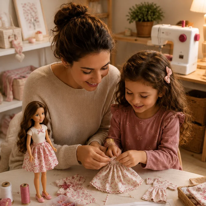 Madre e hija eligiendo telas para coser