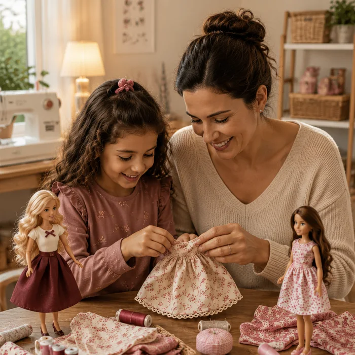 Madre e hija cosiendo juntas un vestido de fashion doll