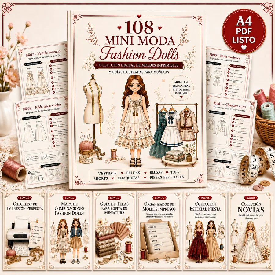 Mini Moda Fashion Dolls — 108 patrones para fashion dolls, PDF A4 listo para imprimir