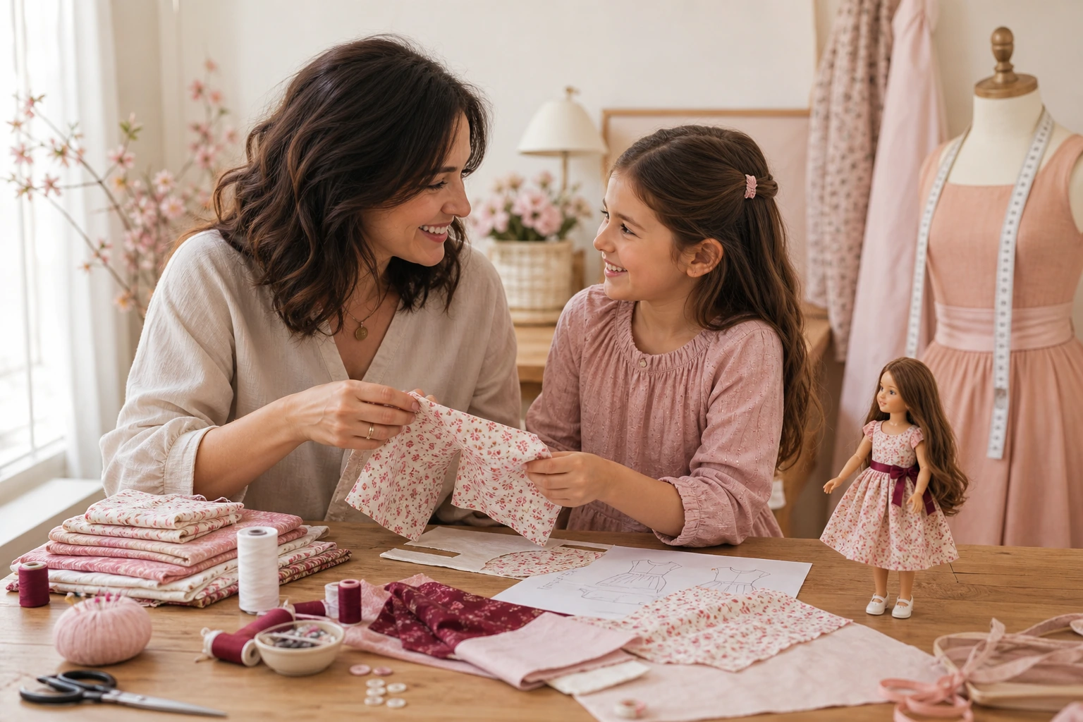 Madre e hija eligiendo telas juntas para crear ropa de muñecas