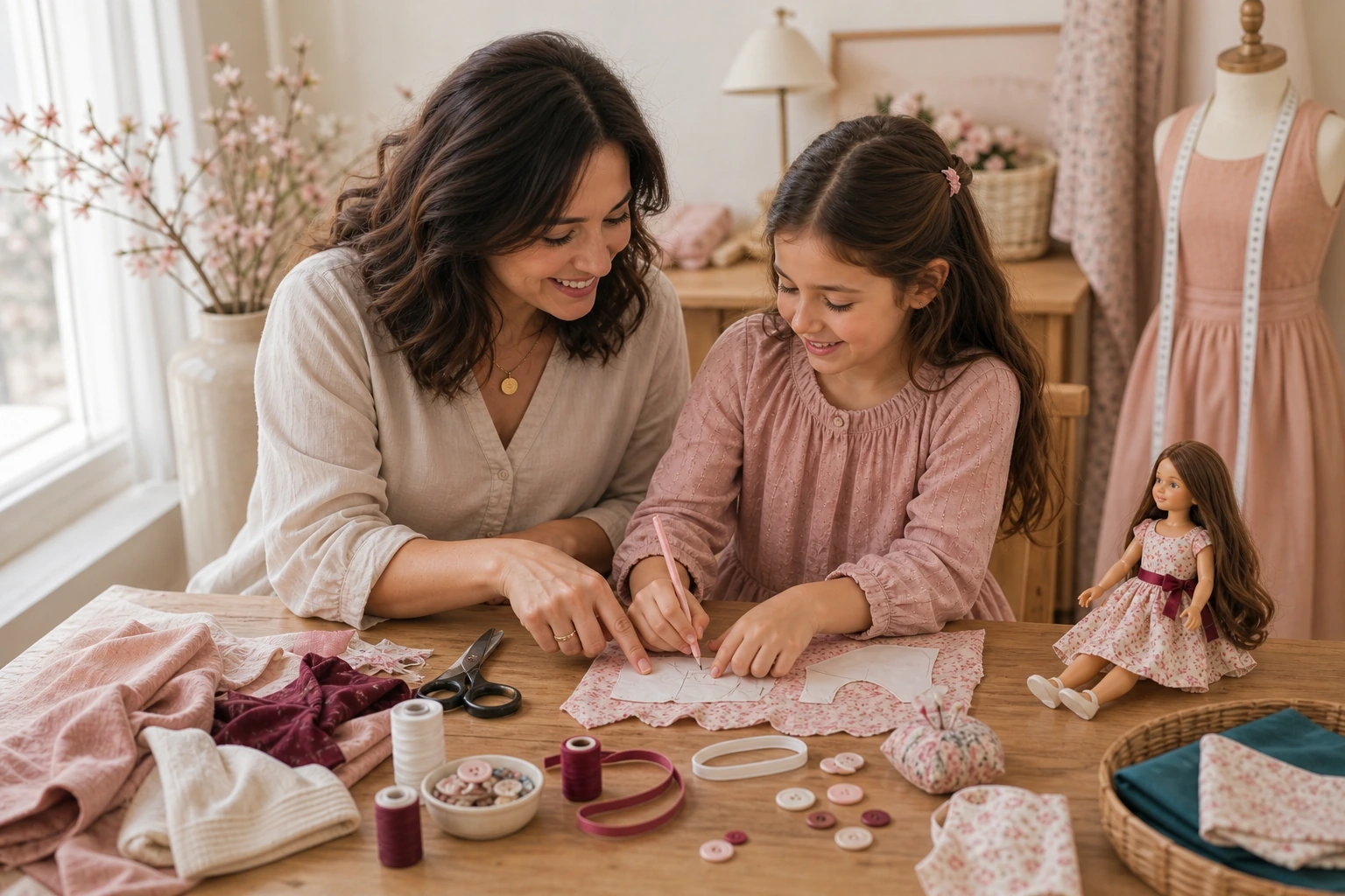 Madre acompañando a su hija mientras preparan un molde de ropa para muñeca