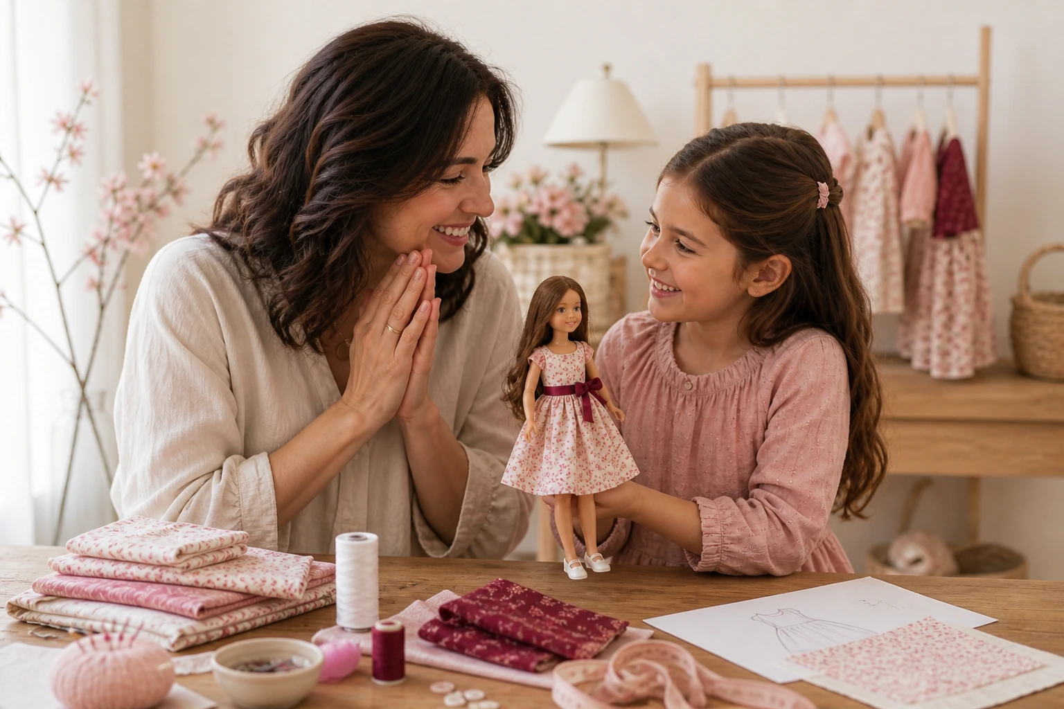 Niña mostrando orgullosa la ropa de muñeca que creó junto a su madre